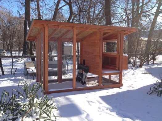 We just had our first significant snow of the season, and the coop looks great. From this angle you can see that we need to finish two doors, then we'll be ready for inspection.